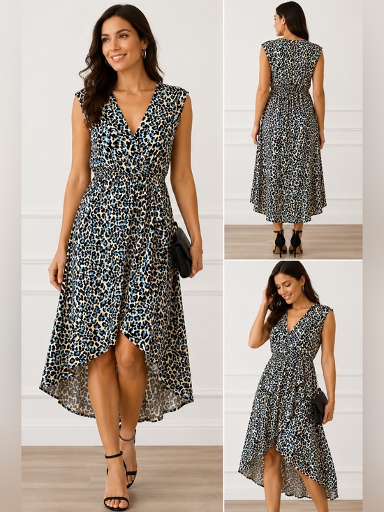 BCBGMaxAzria Dresses & Skirts - BCBGMAXAZRIA NWT Leopard Faux Wrap High Low Dress Cadet Blue Animal Print Medium